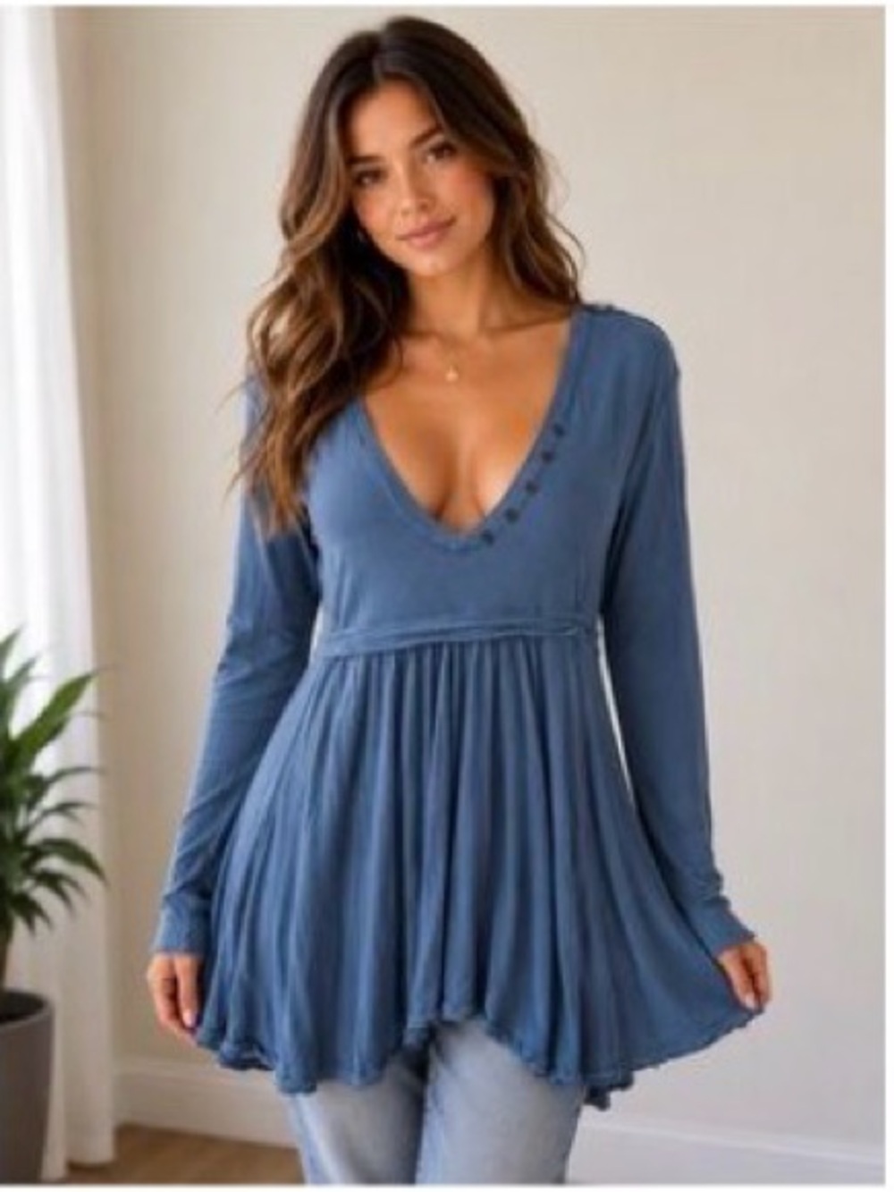 Free People Birdie Henley Hi Low Long Sleeve Small Top in Denim Blue